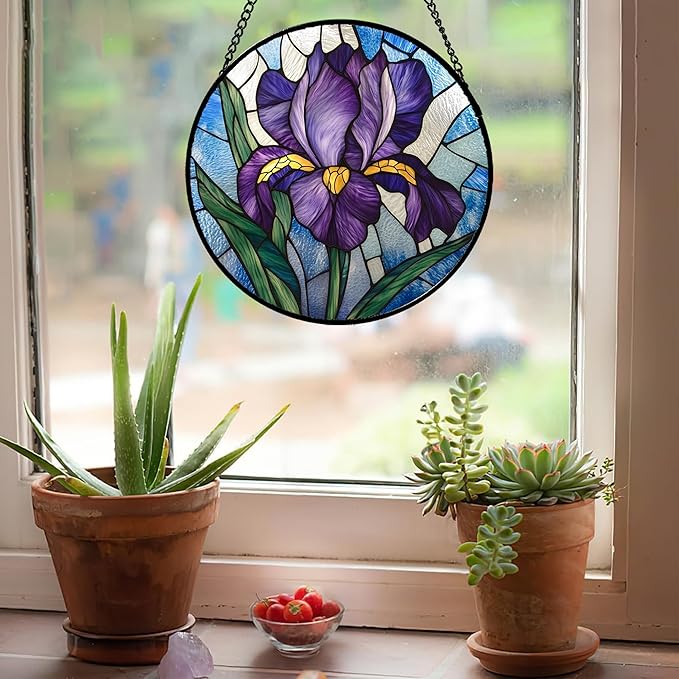 Stained Glass Window Hanging - Iris Birth Flower Suncatcher for Doors Garden Yard Purple Blue Sun Catchers Decor Christmas Mother's Day Birthday Gifts for Teacher Women Mom Nana 15 in
