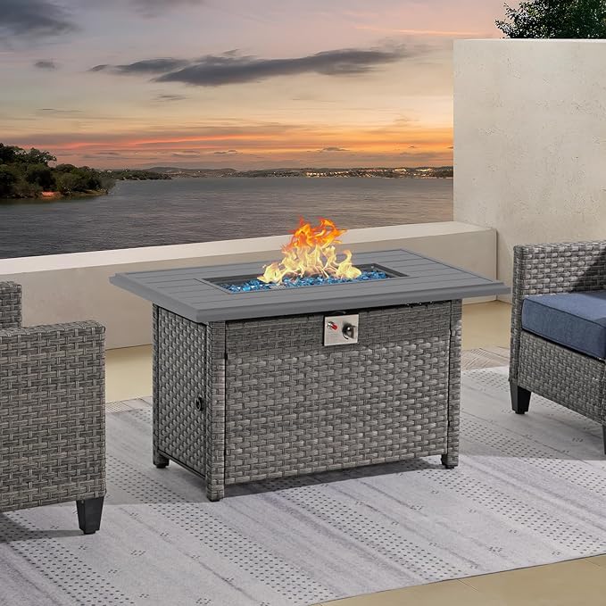 SUNSITT Outdoor Fire Pit Table 43 Inch Wicker Propane Fire Pit with Aluminum Tabletop 50,000 BTU Gas Firepit with Fire Glass, Lid, Cover, Taupe Rattan