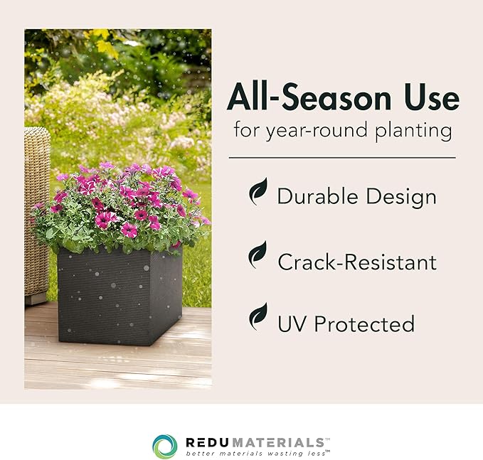 Tierra Verde Indoor & Outdoor Self-Watering Square Planter, Citadel Horizon, 13.5" x 14", Black - Planting Containers for Plants and Flowers - Gardening and Landscaping Accessories