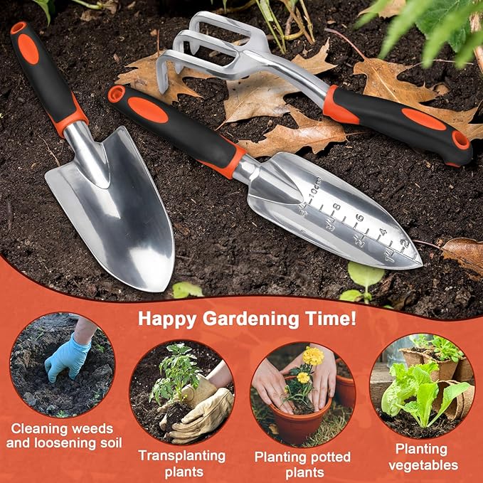 Garden Tools Set, 3 Pack Heavy Duty Gardening Tools Set Include Garden Shovel, Transplant Trowel and Hand Rake with Ergonomic Handle, Aluminum Alloy Lawn for Planting, Orange