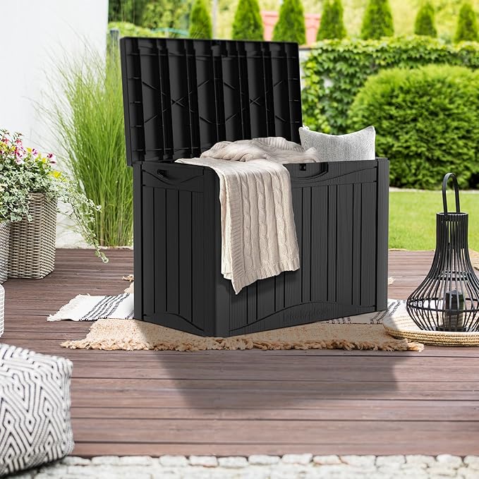 50GAL Black Deck Box with Unique Pattern and Lock Hole - Waterproof, Durable Resin Construction, SGS Sun Protection, Ideal for Storing Outdoor Furniture Covers, Effortless Assembly
