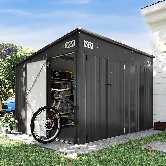 Aoxun 9.5'x7.5' Triple Door Shed Outdoor Storage Shed with Three Lockable Door for Easily Accessing Metal Storage Cabinet with Slopping Roof for Tools Bicycles Storage for Garden, Backyards (Black)
