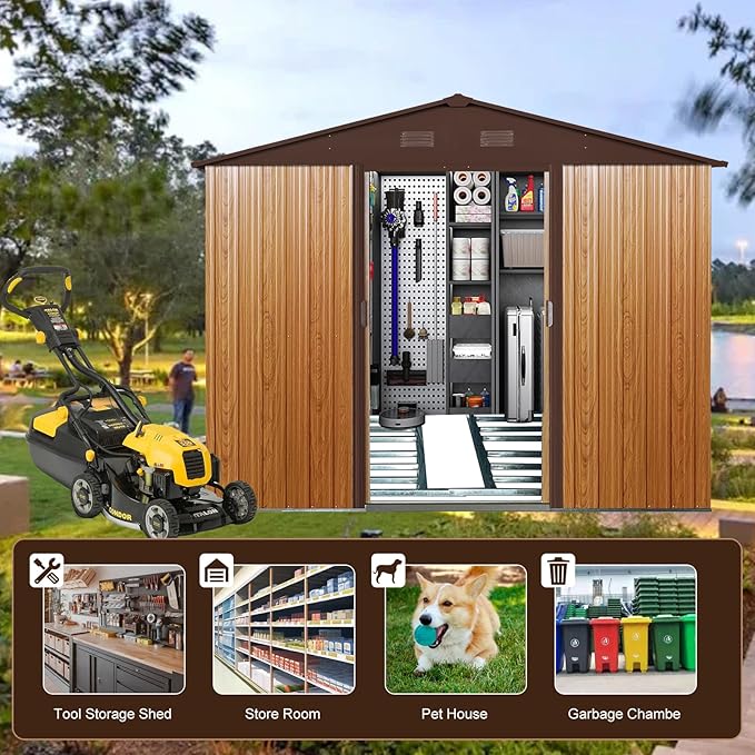 8x10 FT Outdoor Storage Shed, Metal Garden Shed with Frame Floor, Outside Tool Shed with Lockable Sliding Doors, Waterproof Storage Building with Sloped Roof for Backyard, Patio, Lawn, Coffee