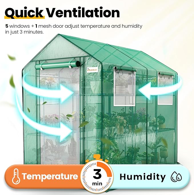 KING BIRD Premium Greenhouse for Outdoors, 84 x 56 x 77 Upgraded PE Cover & Steel Frame Walk in Hot House, w/ Zippered Screen Windows Mesh Door, 3 Tiers 20 Shelves for Outside Garden, Green