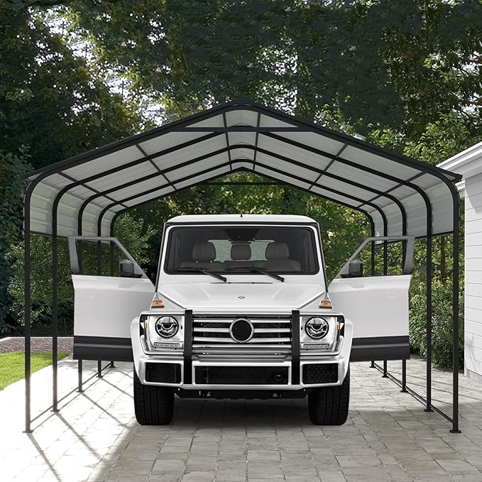 Metal Carport 12x20 FT Heavy Duty, Outdoor Steel Large Rv Car Ports Canopy with Galvanized Steel Roof and Frame, Car Shelter Protect from Sun and Heavy Snow for Pickup, Boat, Car and Tractors