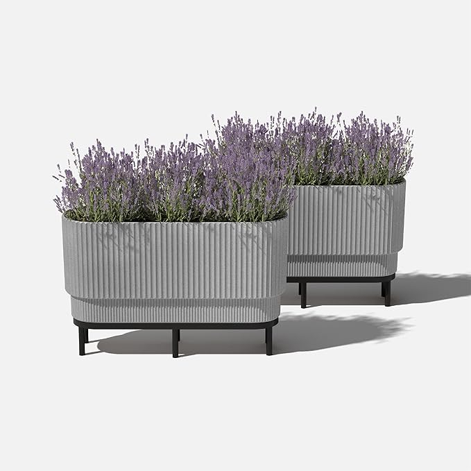 Veradek Demi Series Raised Long Planter for Indoor/Outdoor Use | Made from Plastic & Stone w/Wooden Stand | Modern Patio Décor for Flowers/Shrubs
