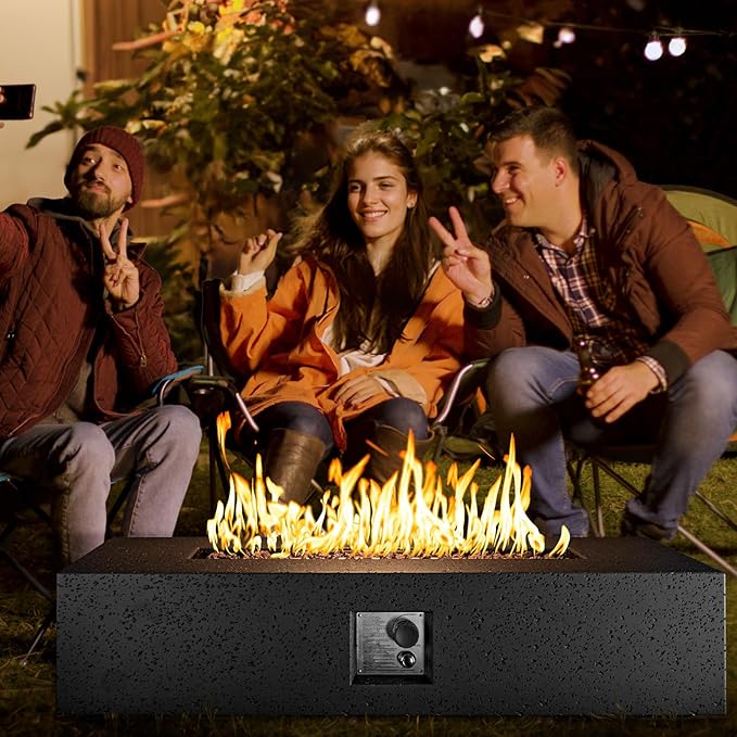 COSIEST 56-inch x 28-inch Outdoor Propane Fire Pit Coffee Table w Concrete Rectangle Base, 50,000 BTU, Free Lava Rocks and RainCover, Fits 20lb Tank Outside, Gray