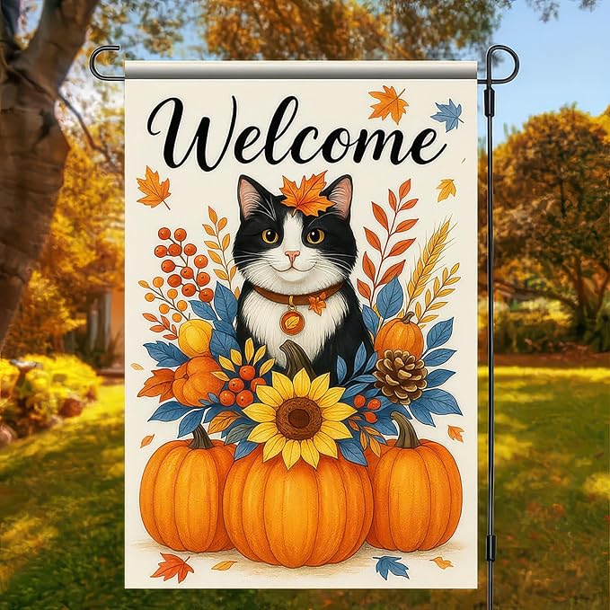 Thanksgiving Fall Garden Flag 12x18 Inch Welcome Cat with Pumpkins Outdoor Flag Double Sided Autumn Kitten Yard Banner with Sunflower Floral Decor for Porch Lawn Patio