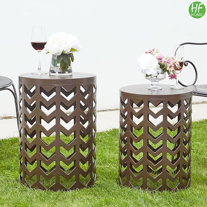 HFHOME Set of 3 Metal Side End Tables Nightstand, Nesting Round Coffee Table for Indoor Outdoor, Heavy Duty Metal Plant Stand for Living Room Garden Stool - Pure Brown (Ship from US)