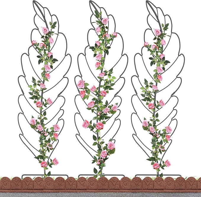 SUNYRISY 3Pack Leaf Metal Garden Trellis for Climbing Plants Outdoor, Metal Plant Trellis for Flowers Tomato Cucumber Rose Vegetable Support Garden Decoration, Black