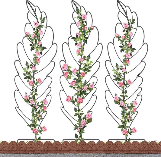 SUNYRISY 3Pack Leaf Metal Garden Trellis for Climbing Plants Outdoor, Metal Plant Trellis for Flowers Tomato Cucumber Rose Vegetable Support Garden Decoration, Black