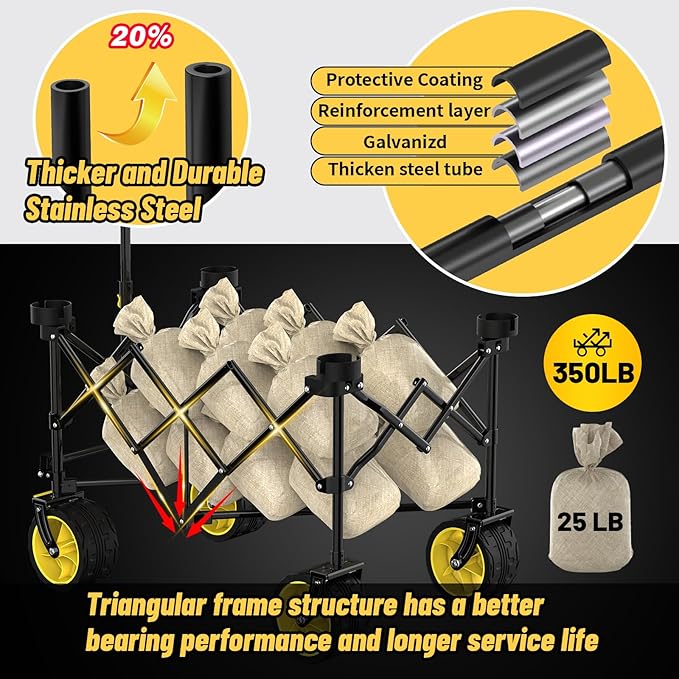 Collapsible Extended Wagon with Big All-Terrain Wheels 350LB& Oversized Outdoor Heavy Duty Utility Garden Cart Foldable Large Beach Wagon for Sand Fishing Camping Portable Grocery Pull Cart