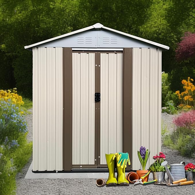 Ball & Cast 5x3 FT Outdoor Storage Shed, Metal Sheds with Punched Vents and Sliding Door, Waterproof Garden Tool Shed with Aluminum Frames and Sloped Roof for Backyard Patio,Cream White