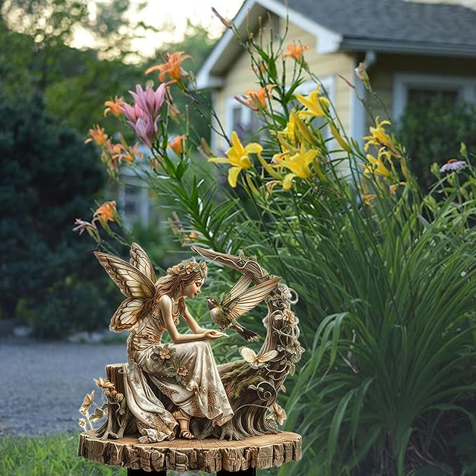 Fairy Garden Stake Decor, 2D Flat Acrylic Fairy Garden Decor Panel, Elf Yard Sign for Outdoor Indoor Yard Lawn Plants Pots, Fairy Garden Accessories (Flower Fairy with Hummingbird)