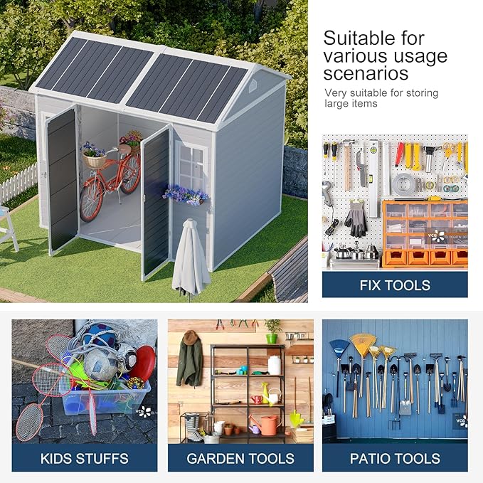 8x6 FT Resin Storage Sheds with Floor and Adjustable Openable Windows, Large Waterproof Garden Sheds with Base, Outside Plastic Sheds with 2 Windows for Backyard Garden Patio Lawn Tools Storage, Gray