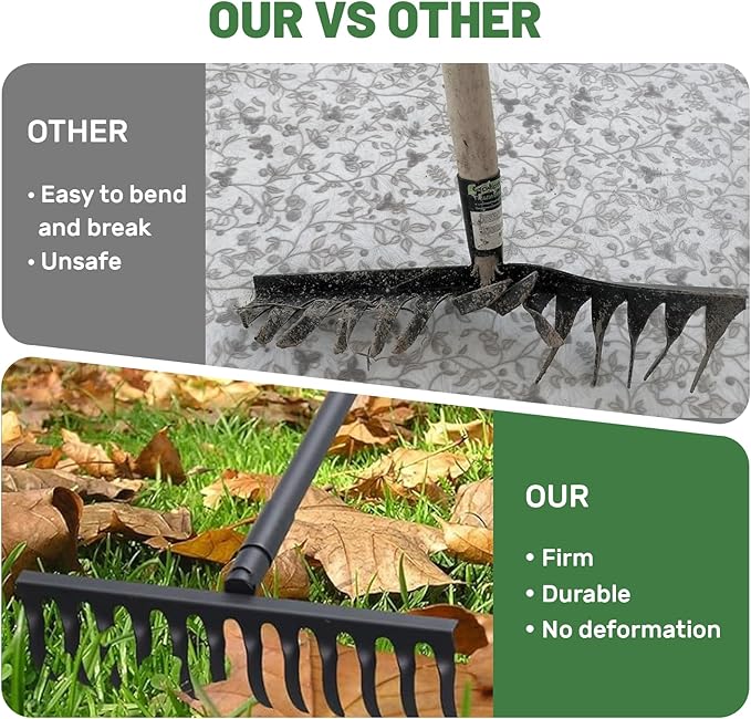 60" Bow Rake 12 Tines Metal Head Rakes with Adjustable Handle, Thatch Rake for Gathering Thatch Loosening Soil Leveling Lawn Farming Land