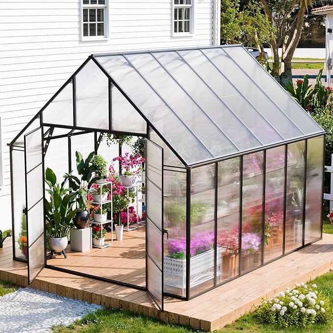 Greenhouse, 10x12 FT Easy Assembly Hybrid Polycarbonate Greenhouses for Outdoors w/2 Vent Windows & Swing Door Walk-in Greenhouses Aluminum Green House for Garden Backyard, Black