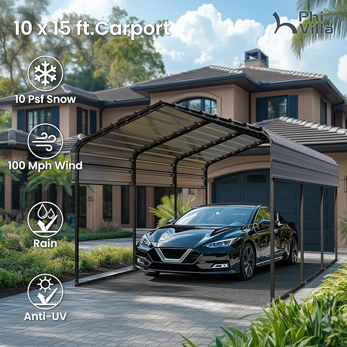 PHI VILLA 10 x 15 Heavy Duty Metal Carport with Galvanized Steel Roof with Sidewalls Enclosure Kit, Sturdy Metal Carport for Cars, Boats, and Tractors