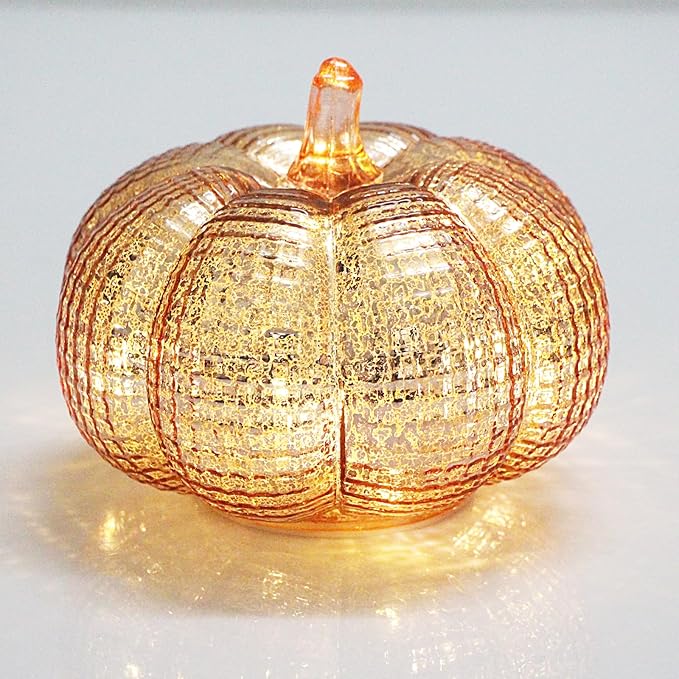 Mercury Glass Pumpkin Lights with Timer, Battery Operated Led Pumpkin Lights for Halloween Fall,Thanksgiving Rustic Decor (Rosegold Grid-Patterned, 5.5")