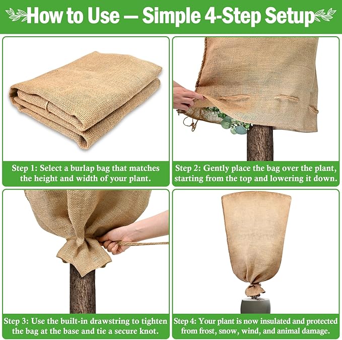 Legigo 3 Pack 24 X 40 Inch Burlap Plant Covers Freeze Protection Bags, Winter Plant Frost Covers with Drawstring, Reusable Tree Covers Burlap Frost Cloths Protection for Outdoor Plants Shrubs Fruit