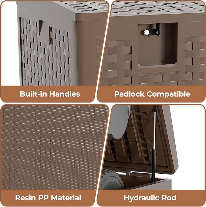 120Gallon Brown Resin Deck Box, Outdoor Storage Box Waterproof Lockable, Patio Deck Box For Package Delivery, Outside Storage Box Container for Furniture Cushions, Garden Tools, Pool Accessories