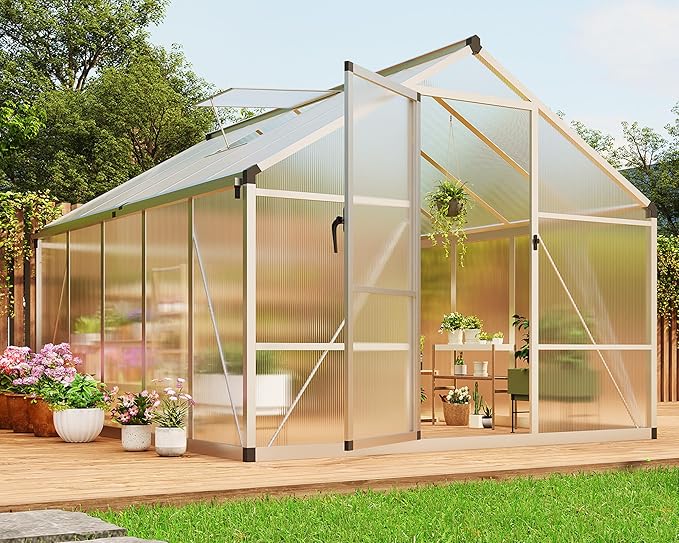 8×10 FT Greenhouse, Large Walk in Greenhouses for Outdoors and Garden Planting, Polycarbonate Greenhouse with Enhanced Aluminum Frame, Green Houses with Quick Setup Structure and Roof Vent, Silver
