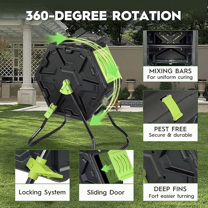 Compost Bin, 21 Gallon Small Composter Tumbler Outdoor Compact Single Rotating Chamber with Sliding Door and Steel Frame, BPA-Free Composting Bin for Garden, Kitchen, and Yard Waste