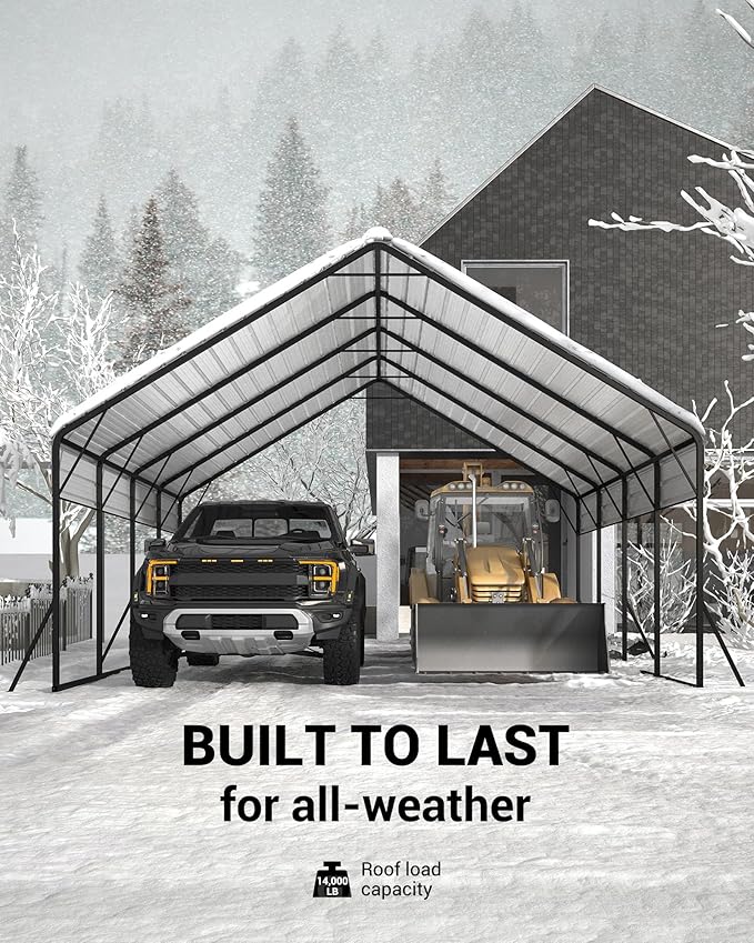 20x20x12.8 FT Metal Carport with Reinforced Frame, Galvanized Steel Roof & Enhanced Base Heavy Duty Car Ports for All-Weather Car Garage Shelter for Car, Truck, Pickup, SUV, Tractor, and Boat