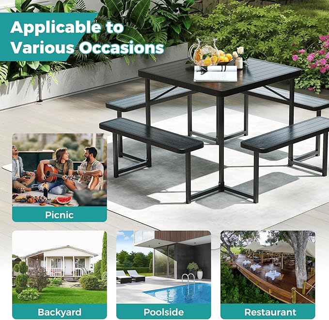 Giantex Picnic Table Bench Set for 4-8 People, 34" Outdoor Square Dining Table & 2 Benches w/Umbrella Hole, HDPE Tabletop, Metal Frame, Patio Camping Furniture for Backyard Porch Lawn (Black,Square)