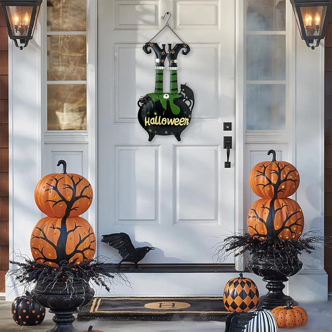 HONGLAND Halloween Decorations Witch Cauldron Garden Stake, Witch Feet Cauldron Eyeball Black Cat Halloween Decor for Outdoor Porch- 31 Inch