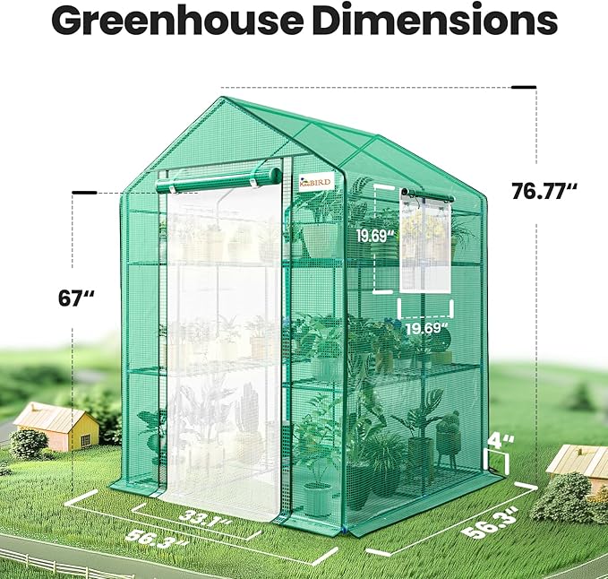 KING BIRD Premium Greenhouse for Outdoors, 56 x 56 x 77 Upgraded PE Cover & Steel Frame Walk in Hot House, w/ Zippered Screen Windows Mesh Door, 3 Tiers 14 Shelves for Outside Garden, Green