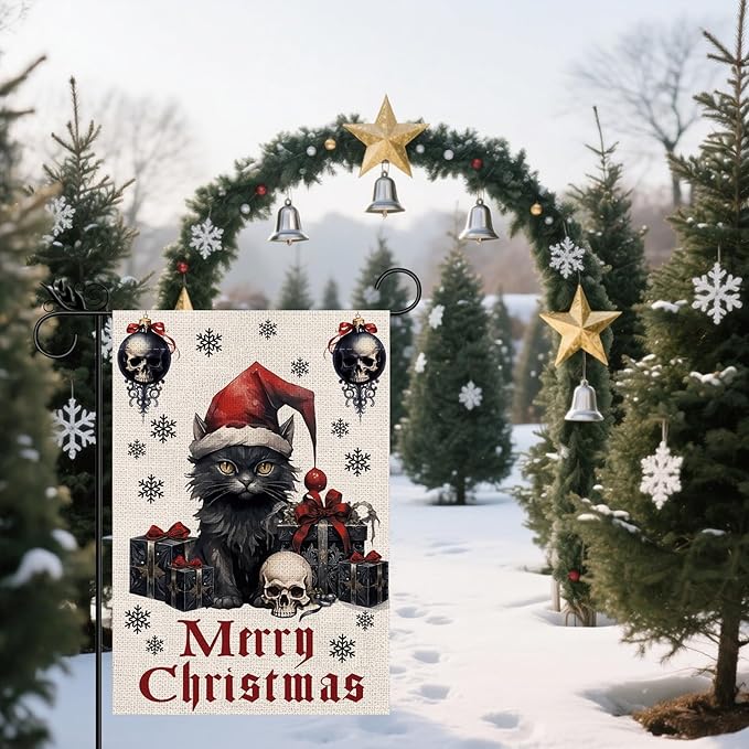 Gothic Christmas Garden Flag Black Cat Goth Halloween Christmas Decor Winter Vertical Burlap Double Sided Yard Welcome Flag Seasonal Xmas Decorations for Festival Holiday Winter Decorations Gifts 12.5*18 Inch