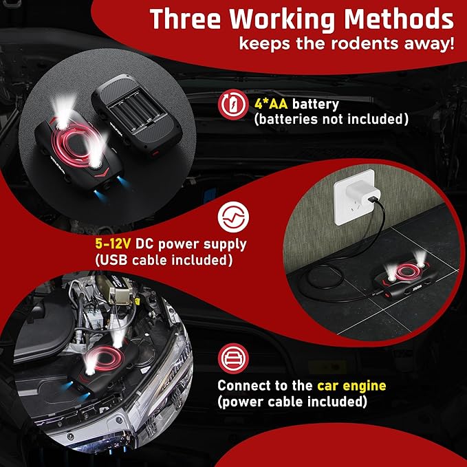 Ultrasonic Rodent Repellent for Car Engines - Under Hood Mouse Repellent with Upgraded 4 LED Strobe Lights, Plug-in & Battery Powered, Keep Rodents Out of Cars, RVs, Trucks, Garage, Indoor, Outdoor