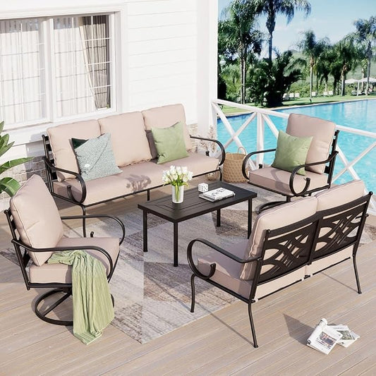 Sophia & William 5 Piece Patio Furniture Set, Outdoor Conversation Sets 7 Seat with 3-seat Sofa x 1, Loveseat x 1, Swivel Chair x 2, Metal Coffee Table x 1 for Porch Lawn, Beige