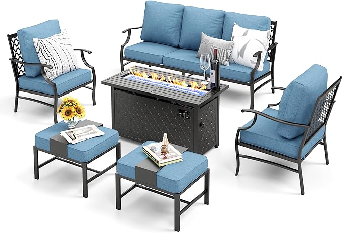 Patio Furniture Set, 6 Pcs Metal Outdoor Conversation Set, 2 Single Chairs, 2 Ottomans and 3 Seater Sofa with 5.75" Extra Thick Cushion and Gas Fire Pit Table, Navy Blue