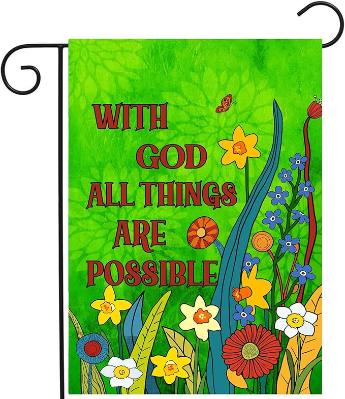 Religious Garden Flags Christian Flags for Outside Spring Floral Yard Flags Small Summer Outdoor Flag Green Flower with God All Things are Possible Banner 12x18 Double Sided