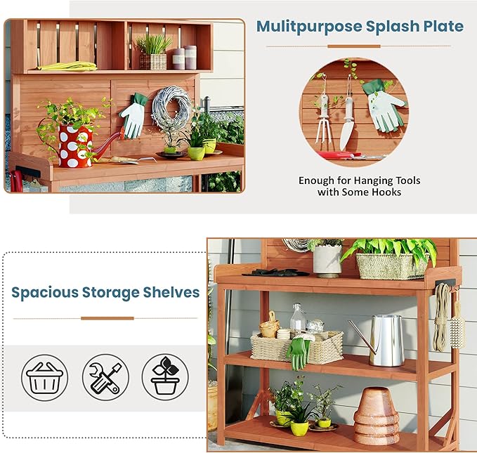 Merax 65" Large Wooden Farmhouse Rustic Outdoor Potting Bench Table with 4 Storage Shelves and Side Hook, Patio Workstation, for Garden, Backyard, Natural