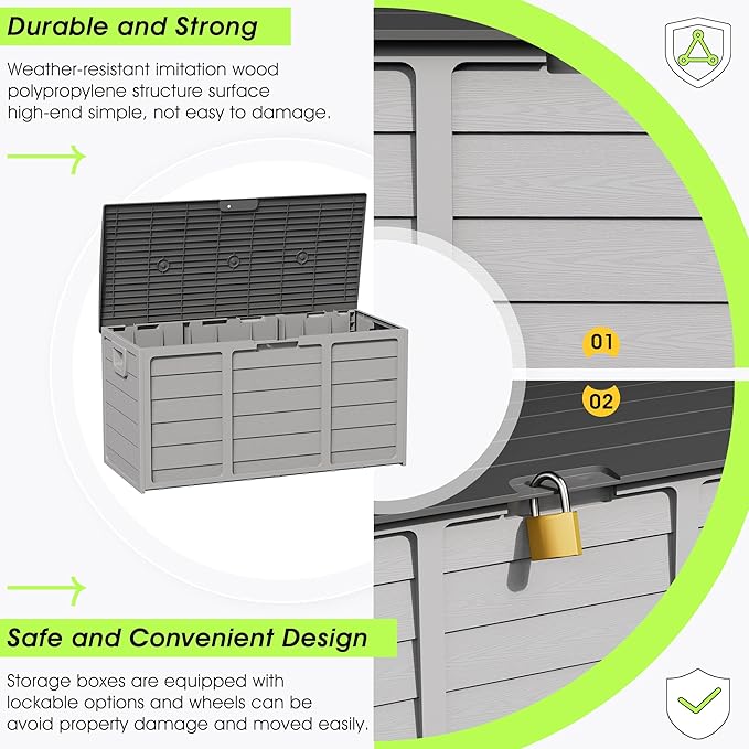75 Gallon Outdoor Deck Box - Durable Resin Storage with Lockable Lid, for Patio Furniture Cushions, Pillows (Grey)