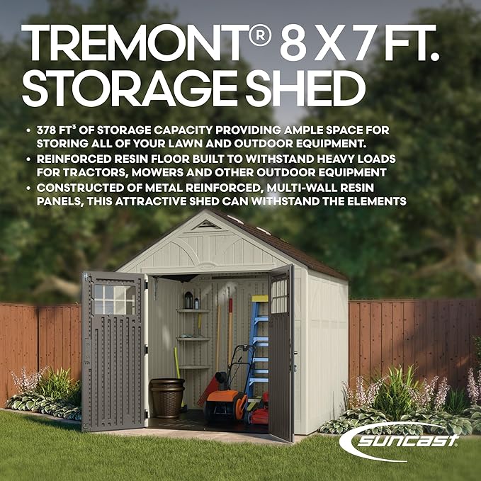 Suncast 8' x 7' Heavy-Duty Resin Tremont Storage Shed with Reinforced Floor, Skylights for Natural Light, Lockable Double Doors, Cream, Made in the USA