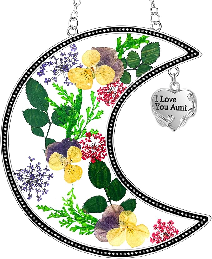 KY&BOSAM Moon Suncatcher I Love You Aunt Stained Glass for Window Hangings Wind Chimes Decor with Pressed Real Flower and Metal Charm Birthday Gift for Women Aunt Mother`s Day Christmas