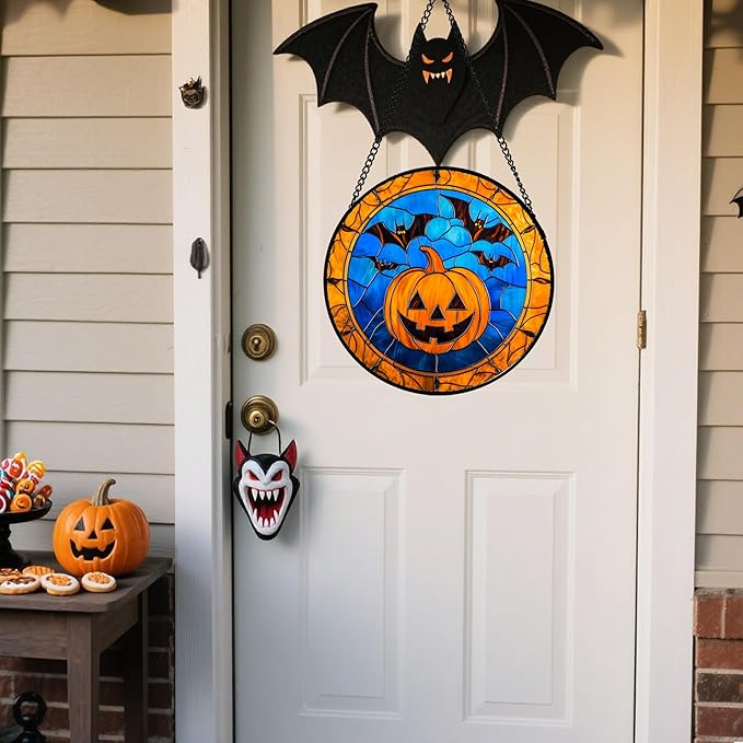 Stained Glass Window Hanging - Halloween Evil Pumpkin Suncatcher for Doors Window Garden Indoor Spooky Brown Bat Sun Catchers Gothic Decor Horror Gifts for Women Men Friend Boy Girl 6.3 in