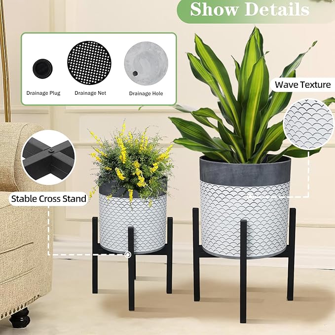 Planter with Stand Set of 2, Mid Century Plant Pots with Metal Legs Indoor, Modern Flower Pots with Drainage Holes, Decorative Garden Pot for Living Room, Office, Garden, or Balcony 10 & 12 inches