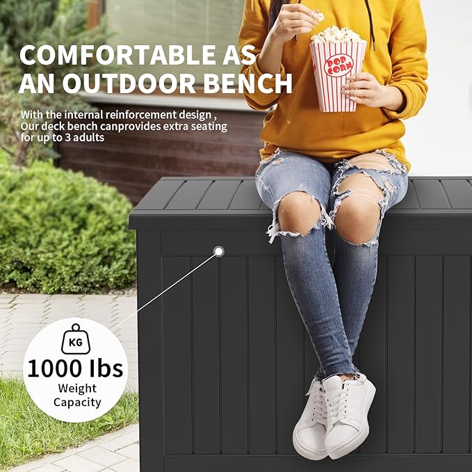 230 Gallon Outdoor Storage Deck Box Waterproof, Large Patio Storage Bin for Outside Cushions, Throw Pillows, Garden Tools, Lockable (Black Resin Lid)