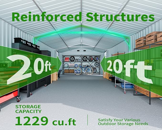 20 x 10 FT Outdoor Storage Shed, Large Metal Garden Shed with 2 Lockable Doors, Tool Shed Outdoor Storage with 4 Air Vents, Garage Shed Waterproof for Car, Truck, Bike, Garbage Can, Tool, Dark Gray