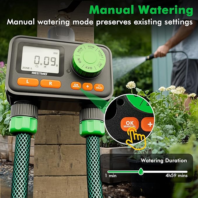 RESTMO 2 Zone Sprinkler Timer, Programmable Water Timer for Garden Hose, Automatic Control | Manual ON/Off | Rain Delay for Outdoor Faucet, Drip Irrigation and Lawn Watering System