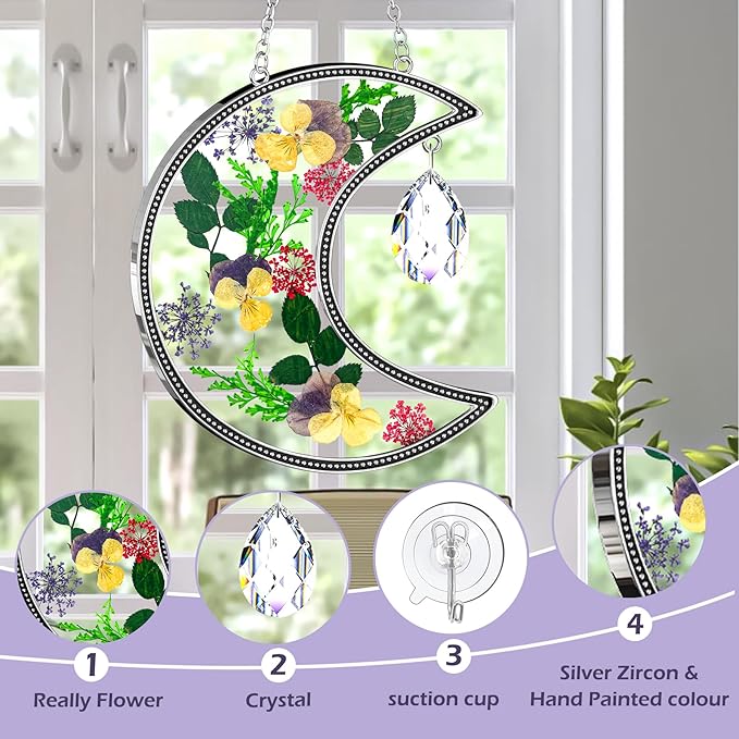 KY&BOSAM Crystal Moon Suncatchers Gifts for Mom Family Friends Stained Glass for Windows Wind Chimes Real Flower Colorful Crystal Outdoor for Garden Indoor Home Trees Patio Yard Porch Decor