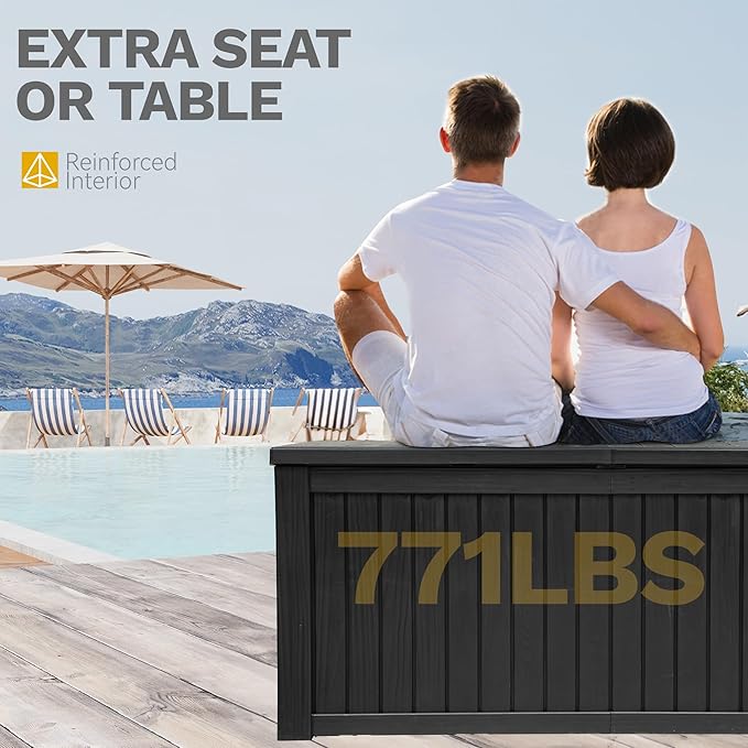 DWVO 150 Gallon XL Deck Box with Divider & Lockable Lid, Waterproof Resin Outdoor Storage for Patio, Garden, Poolside, Cushions, Supplies & Sports Gear, Black