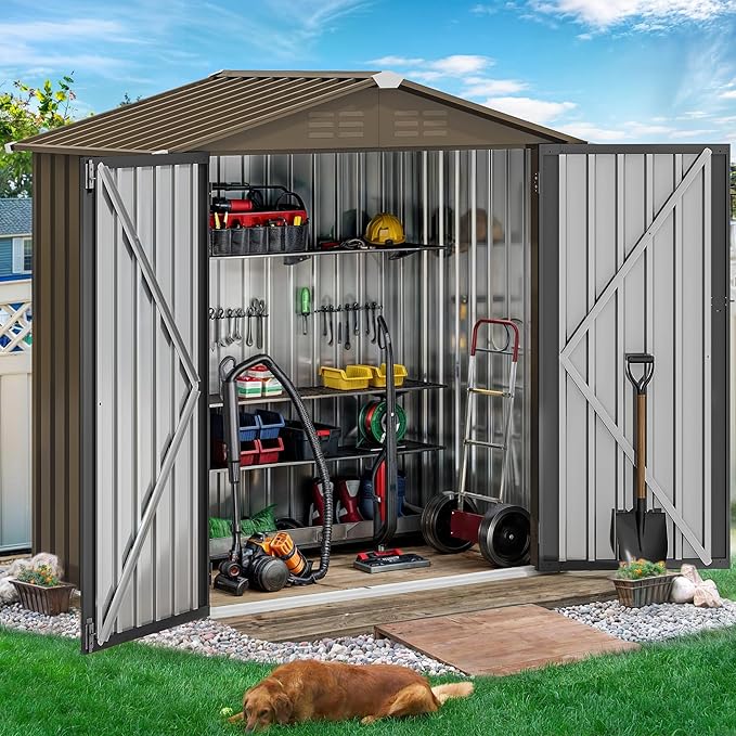 DWVO 6x4ft Metal Outdoor Storage Shed, Waterproof Tool Shed Heavy-Duty Storage Unit with Lockable Door and Vents, Ideal for Bicycles, Tools, Lawnmowers, Backyards, Patios, Lawns - Brown