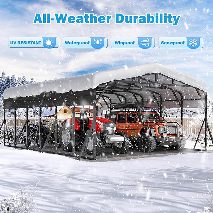 Carport Canopy 20’X30’ Heavy Duty Car Port Galvanized Steel Roof, Reinforced Stable Triangle Frame for Snowy Windy Metal Carports Enhanced Base Car Tent for Car,RV,Pickup,Boat,Truck,Tractor