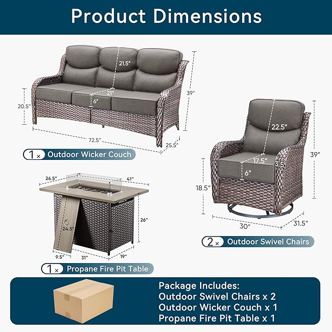 Luxury High Back Outdoor Furniture 6-Inch Thick Cushions with 50,000 BTU Gas Propane Fire Pit Tablet, Patio Furniture Set with Swivel Chairs, for Porch, Balcony, Deck and Yard